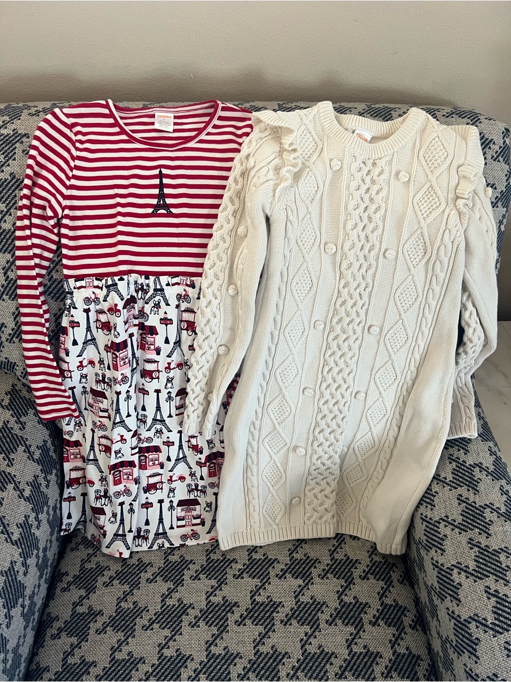 Bundle of 2 Gymboree Red & White Striped and oatmeal dress sweater with designs